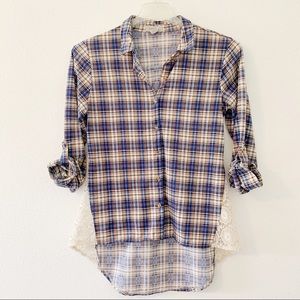 Passport blue plaid button down w/crochet detail